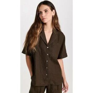 Ayr Shirt Womens M Linen Pool Boy Top Button Up Brown Minimalist Summer Chic